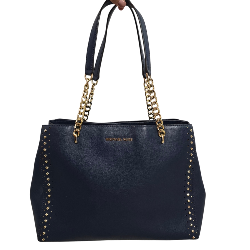 Michael Kors Ellis Large Navy Blue Studded Shoulder Chain Straps Handbag